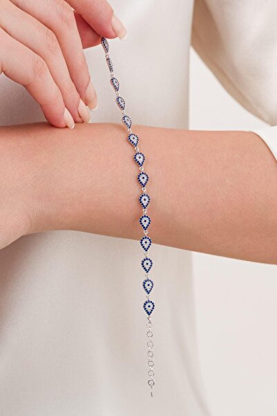 Tmt Silver Gümüş Damla Model Mavi Nazar Boncuklu Göz Bileklik