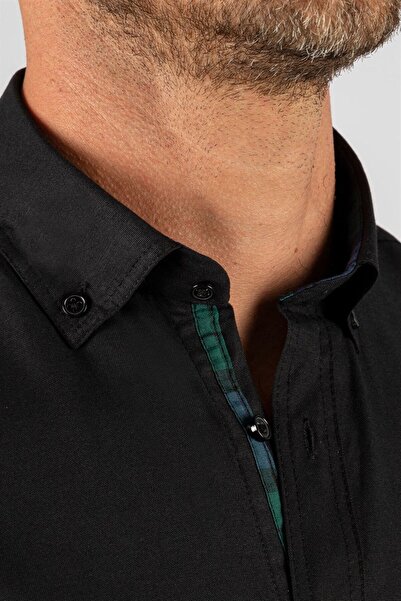 Tudors Erkek Regular Fit Klasik Kesim Pamuklu Oxford Doku Tek Cepli Siyah Düğmeli Yaka Gömlek