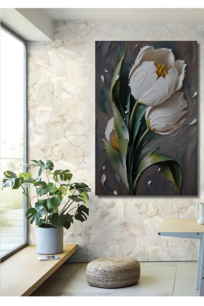 Teona Ahşap Beyaz Lale Çiçekleri Ahşap MDF Dekoratif Ev/İşyeri Duvar Tablo Di...
