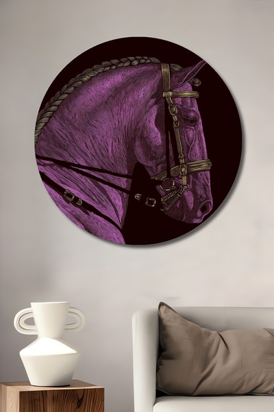 Teona Ahşap Pictură decorativă de perete din lemn MDF cu cal mov pentru casă/lugar de muncă Pictură rotundă de perete pentru casă/lugar de muncă