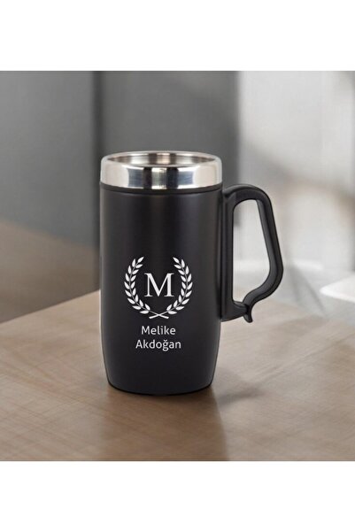 Yaprak Hediyelik Kişiye Özel Harf Ve İsim Basklı Siyah Termos Bardak 280 ml