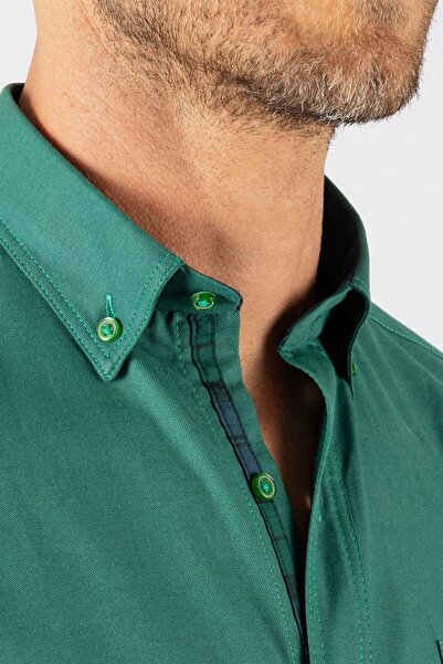 Tudors Erkek Regular Fit Klasik Kesim Pamuklu Oxford Doku Tek Cepli Yeşil Düğmeli Yaka Gömlek