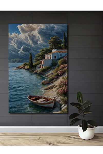 Teona Ahşap Akdeniz Manzaralı Dekoratif Ahşap MDF Ev/İşyeri Duvar Tablo Dikdö...