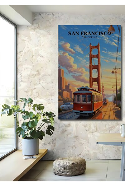 Teona Ahşap Pictură decorativă din lemn MDF cu tramvai Golden Gate din San Francisco Pictură dreptunghiulară