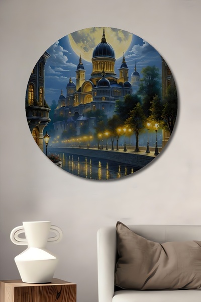 Teona Ahşap Peisajul orașului fascinant la lumina lunii, pictură decorativă din lemn MDF, pictură rotundă