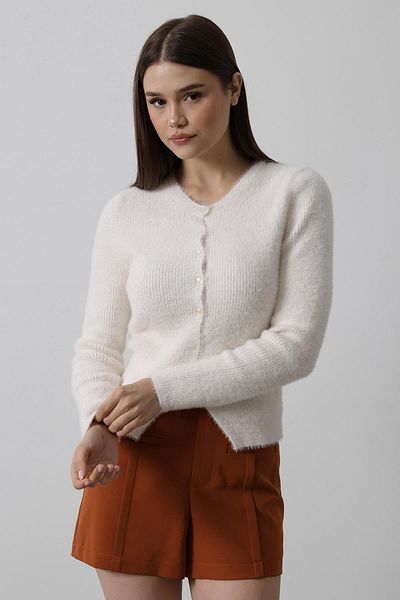Le Savu Shilsee Women's Ecru Color Beard Buttoned Soft Kit Bluz