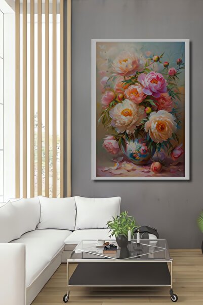 Teona Ahşap Pembe Şakayık Çiçek Aranjmanı Ahşap MDF Dekoratif Tablo Dikdörtge...