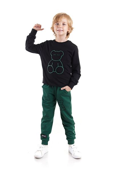 AHENGİM Boy's Seersucker Teddy Bear Printed Trend Tracksuit Set Ak2530