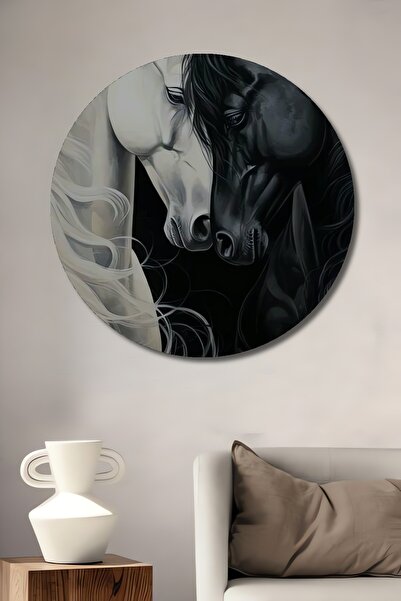 Teona Ahşap Декоративно дървено MDF за дома/офиса с бял и черен кон, кръгло з...