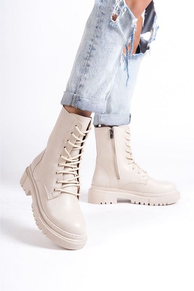 sefayol Γυναικείες μπότες Alina Beige Matte Leather Lace Up