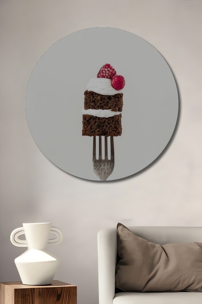 Teona Ahşap Tort elegant cu feliu de căpșuni pe furculiță, pictură decorativă din lemn MDF, pictură rotundă