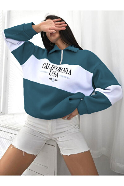 EVIus California USA Baskılı Parçalı Renk Yarım Fermuarlı Polo Yaka Sweatshirt Içi Polarlı Kışlık Unisex