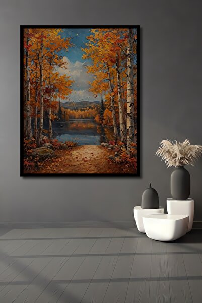 Teona Ahşap Çerçeve Görünümlü Sonbahar Göl Manzarası Ahşap MDF Dekoratif Tablo Dikdörtgen Tablo