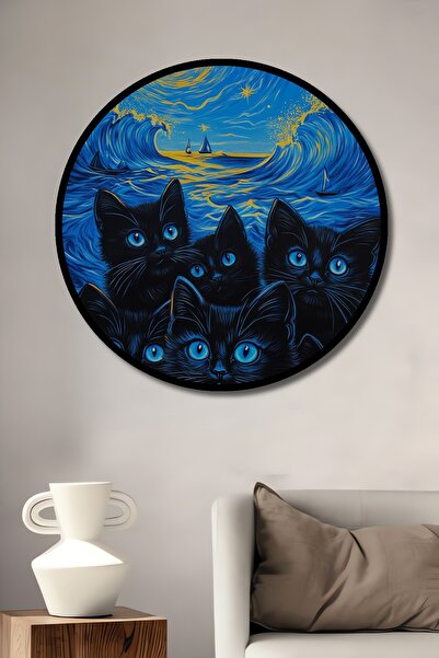 Teona Ahşap Звездна нощ с синеоки котки в декоративна кръгла маса от дървесен...