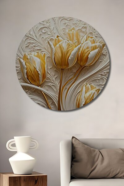 Teona Ahşap Tablou decorativ din lemn MDF în stil baroc cu motiv de lalele aurii Tablou rotund