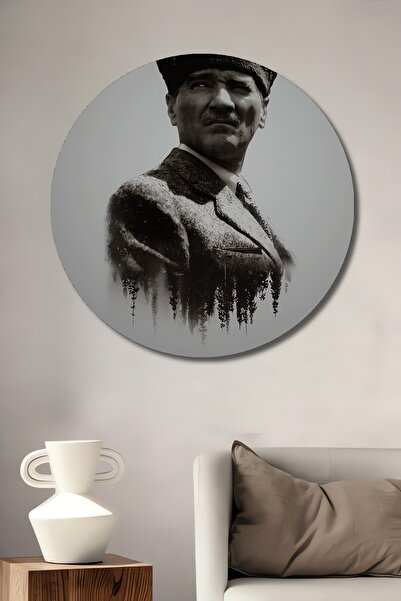 Teona Ahşap Pictură decorativă pe perete din lemn MDF Ataturk pentru casă/loc de muncă Pictură rotundă pe perete pentru casă/loc de muncă