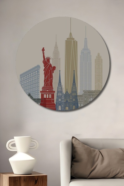 Teona Ahşap Statuia Libertății Siluetă orașului New York Pictură decorativă din lemn MDF Pictură rotundă