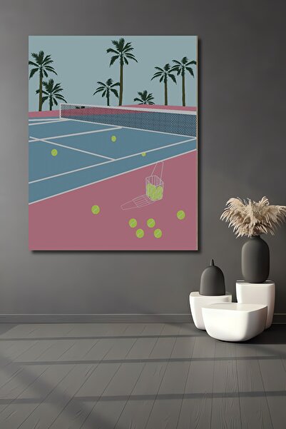 Teona Ahşap Pictură decorativă din lemn MDF cu palmieri și teren de tenis Pictură dreptunghiulară