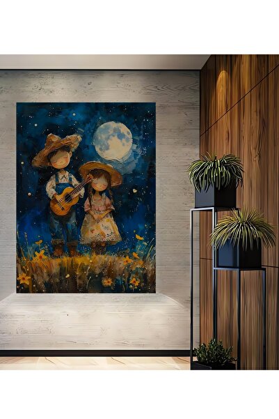 Teona Ahşap Copii care cântă la lumina lunii Pictură decorativă din lemn MDF Pictură dreptunghiulară