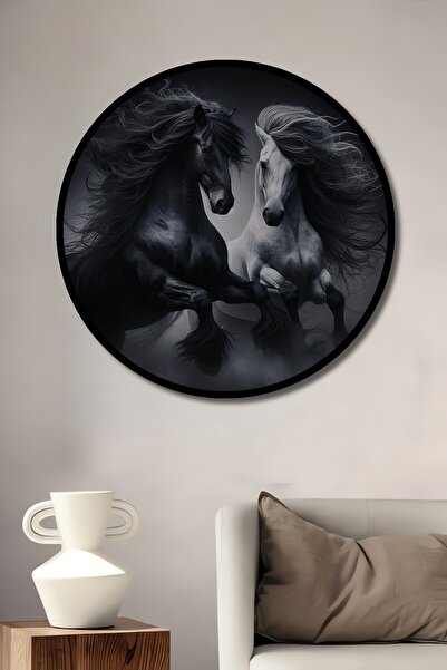 Depozee Çerçeve Görünümlü Şahlanan Atlar Ahşap MDF Dekoratif Ev Duvar Tablo Y...