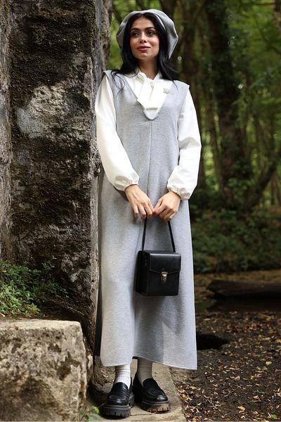 KÜÇÜĞÜM BUTİK Gray Stamped Long Winter V-Neck Gilet Dress and Stamped Hat (Dese-Hat)