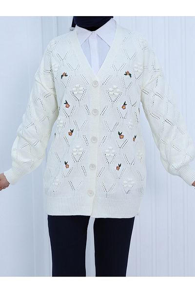 Modamorfo Ecrufarbene Strickjacke mit Pompon-Blumenstickerei – geknöpft
