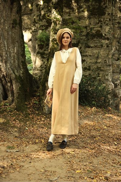 KÜÇÜĞÜM BUTİK Rochie de iarnă lungă cu decolteu în V și ștampilă bej (set de 2)