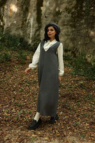 KÜÇÜĞÜM BUTİK Anthracite Color Stamp Long Winter V-neck Gilet Dress and Stamp Hat (set of 2)