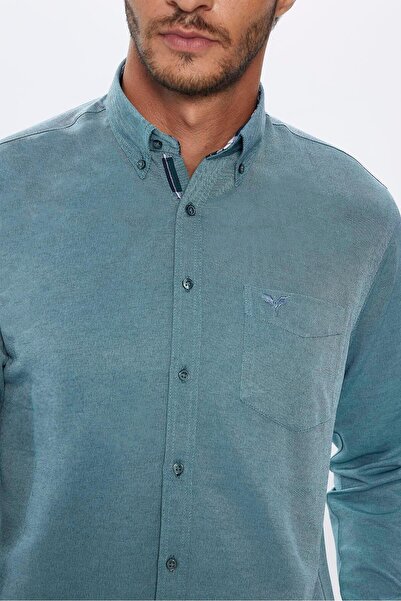 Tudors Erkek Regular Fit Klasik Kesim Pamuklu Oxford Doku Tek Cepli Yeşil Düğmeli Yaka Gömlek