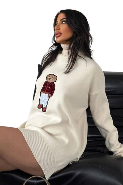 Moda Amore Pulover de damă supradimensionat din tricotaje cu model ursuleț de pluș cu ursuleț - cu gât roscat 650