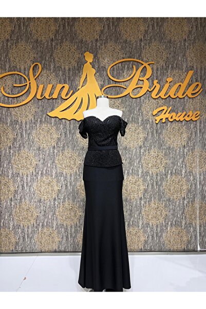 MODA Siyah Kalem Elbise Kolları Düşük Üst Kısmı Güpürlü Abiye Elbise