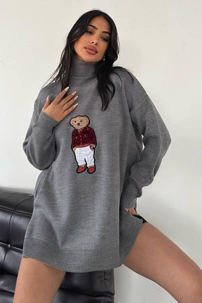ZISHAN Turtleneck Teddy Bear Oversize Knitwear Sweater - Teddy Bear Applique 650