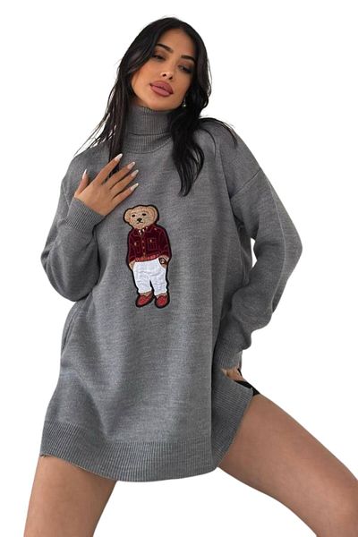 Moda Amore Oversize Women's Knitwear Sweater with Teddy Bear Pattern and Teddy Bear - Turtleneck 650