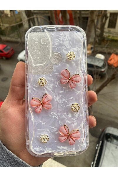 AQUA AKSESUAR Realme 5i / 6i / C3 Uyumlu Kılıf 5d Kabartmalı Kelebek Çiçek Desenli Kenarları Simli Işıltılı