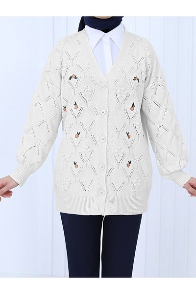 Modamorfo Stone Colored Pompom Floral Embroidered Cardigan - Buttoned