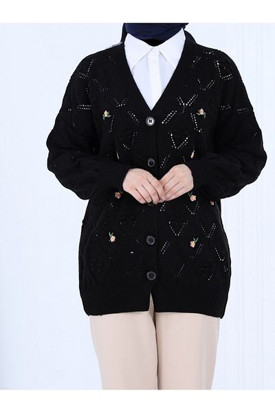 Modamorfo Black Pompom Floral Embroidered Cardigan - Buttoned