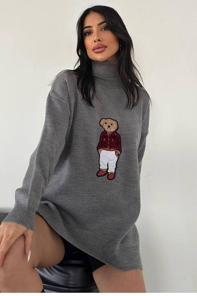 ZISHAN Turtleneck Teddy Bear Oversize Knitwear Sweater - Teddy Bear Applique 650