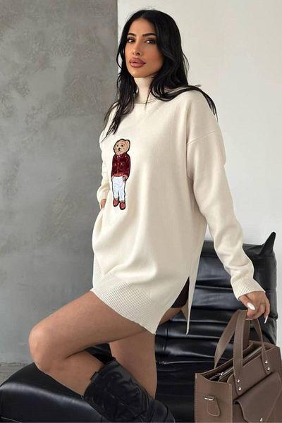 ZISHAN Turtleneck Teddy Bear Appliqued Oversize Knitwear Sweater 650