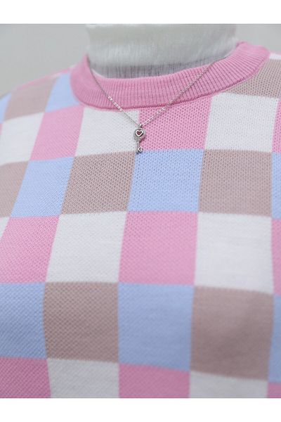 Modamorfo Pink Color Checkered Balloon Sleeve Crew Neck Knitwear Tunic