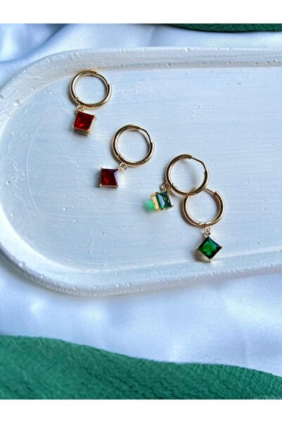 solaris design Kırmızı Altın Rengi Sallantılı Taşlı Çelik Küpe