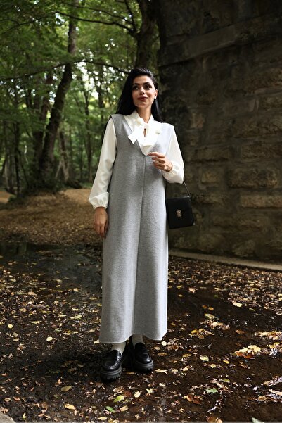 KÜÇÜĞÜM BUTİK Φόρεμα Gilet με μακρύ χειμωνιάτικο λαιμόκοψη σε γκρι χρώμα