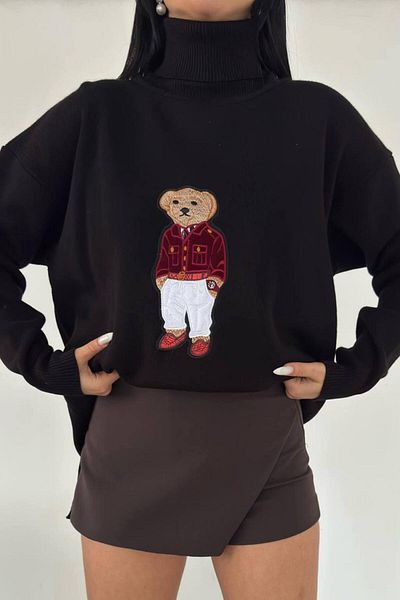 ZISHAN Pulover tricot supradimensionat cu ursuleț cu gât țesut - ursuleț de pluș cu aplicații 650