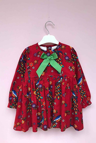 Bertuğ Bebek Pazen Kırmızı Kuş Desenli Kurdeleli Kız Çocuk Bebek Elbise