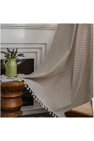 HOME ART ATELIER hand made Keten Bohem Tarz Püsküllü  Fon Perde (EN X BOY) - Tek Kanat - Pilesiz