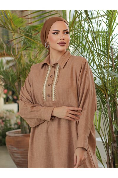 Modamorfo Χαλαρό λινό τουνίκ με λεπτομέρεια δαντέλας - Mink