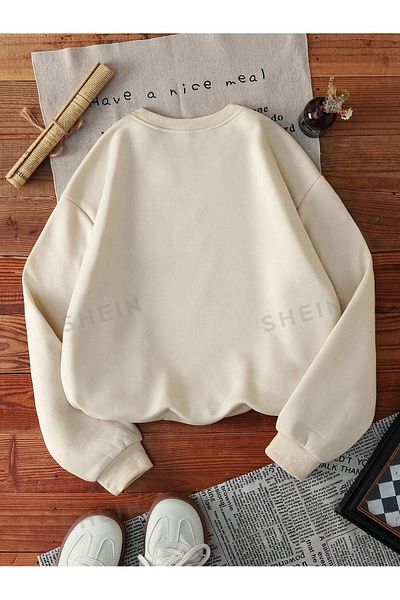 PALPİTO Γυναικείο Μπεζ Καφέ. Φούτερ με στάμπα Crew Neck Oversize