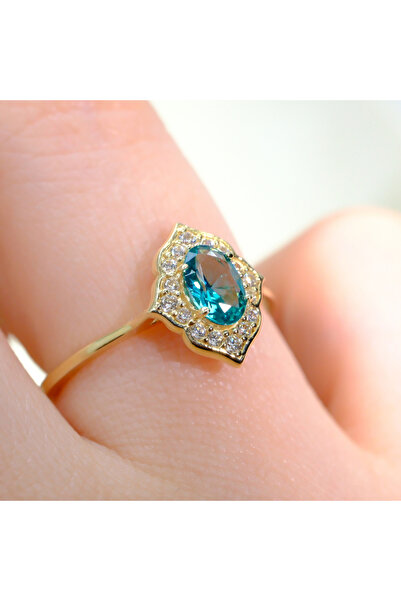 FasekGold Gümüş Yüzük - Mavi Topaz Oval Kesim Yan Zirkon Taşlı Modern Tasarım...
