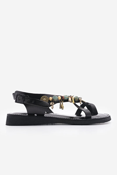 Marjin Women's Genuine Leather Accessory Eva Sole Flip Flop Daily Sandals Devila Black