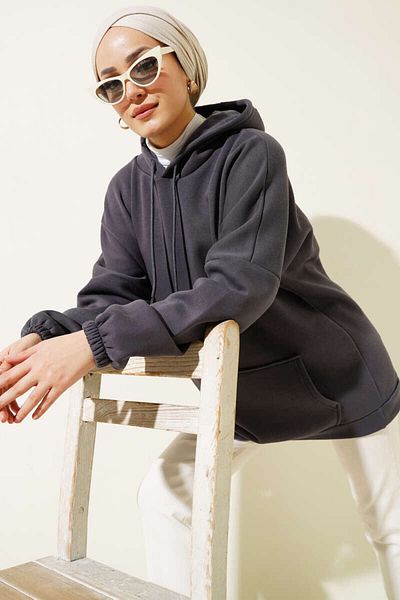 Boi Γυναικείο φούτερ Hijab Clothing - Μαύρο, Κόκκινο, Γκρι, Πράσινο Φούτερ με Τσέπες με Κουκούλα 3 Κλωστές Παχύ