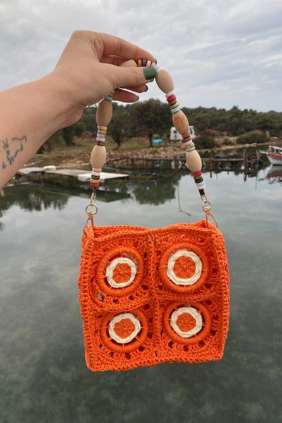 Mila Orange Straw Hand Knitted Ring Detail Motif Bag
